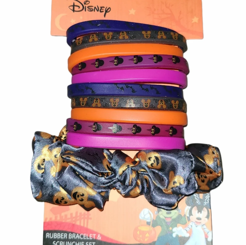 🐭 NEW Disney Halloween Mickey & Minnie Rubber Bracelet & Scrunchie Set NIP